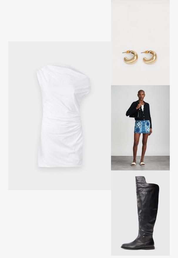 Een een-schouder witte jurk van zacht materiaal, met een gedraaide textuur aan de zijkant en een aansluitende silhouette.; Zwarte leren kniehoge laars met platte zool en een iets bredere bovenkant met een asymmetrische snit aan de buitenkant.; Zwarte gebreide cardigan, witte top, denimrok met blauw en zwart ruitpatroon, zwarte handtas en beige instapsandalen.; Twee glanzende gouden hoepel oorbellen in een gebogen ontwerp, met oranje accenten bij de oorpost, tegen een eenvoudige witte achtergrond.
