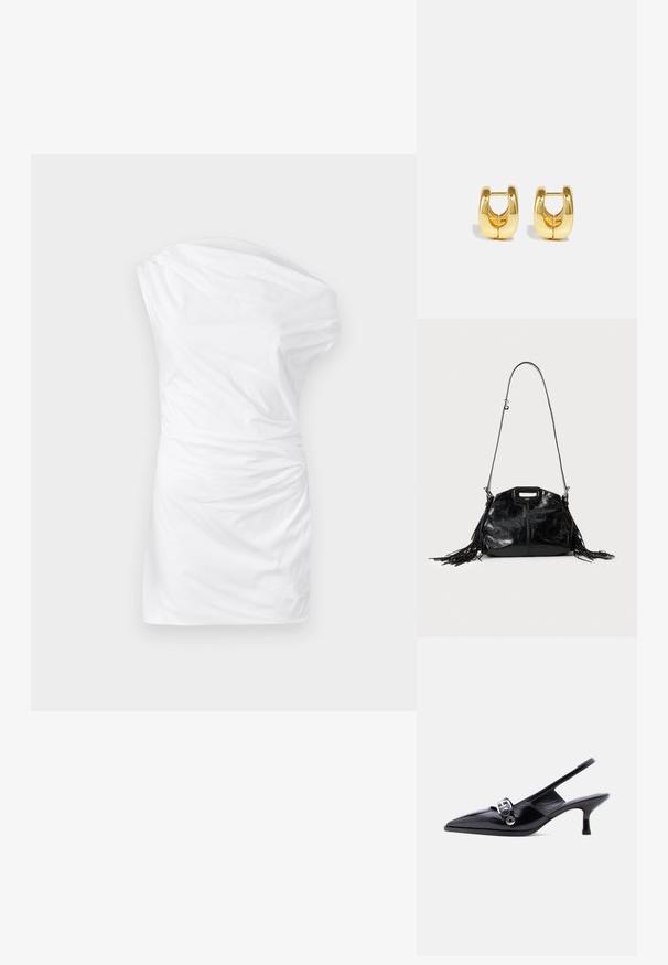 Robe blanche à une épaule fabriquée en tissu lisse, avec une texture torsadée sur le côté et une silhouette ajustée.; Chaussure à talon bas en cuir verni noir avec bride arrière, bout pointu et détail boucle argentée sur fond blanc uni.; Sac à main en cuir noir brillant avec une longue fine bandoulière et des pompons à franges des deux côtés sur un fond clair.; Boucles d'oreilles en or avec un design élégant et arrondi. Présentent un centre creux et une surface brillante, complétant les styles modernes.