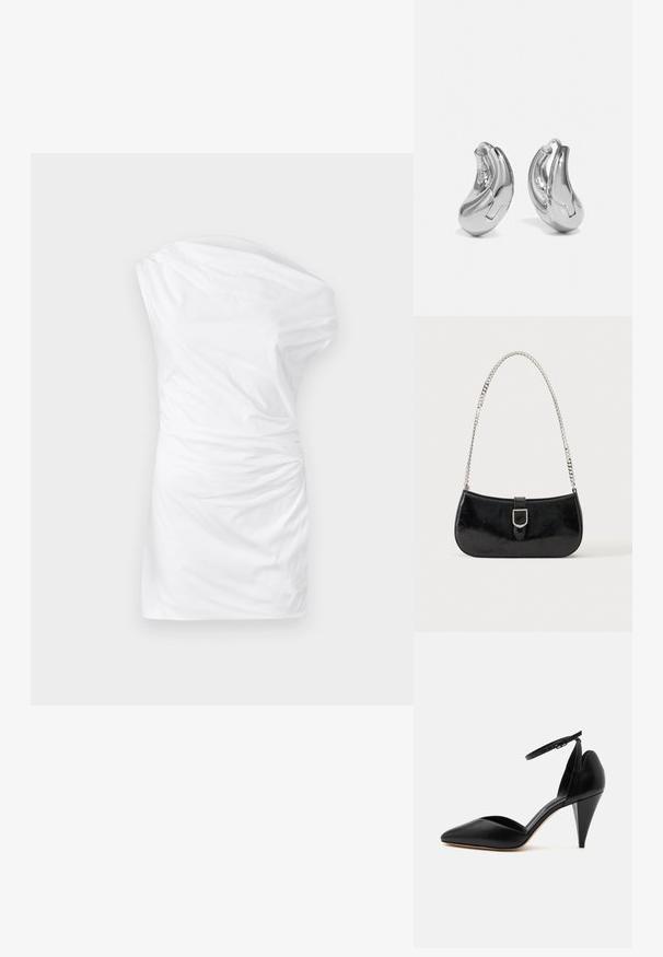 Robe blanche à une épaule fabriquée en tissu lisse, avec une texture torsadée sur le côté et une silhouette ajustée.; Escarpin en cuir noir à bout pointu avec bride à la cheville et talon conique sur fond blanc.; Sac à épaule en cuir verni noir avec détail de boucle argentée et bandoulière en chaîne argentée, présenté sur un fond uni clair.; Boucles d'oreilles en argent en forme de créoles avec une finition incurvée et brillante, et un design sans couture. Équipées d'une fermeture à charnière pour un port sécurisé.