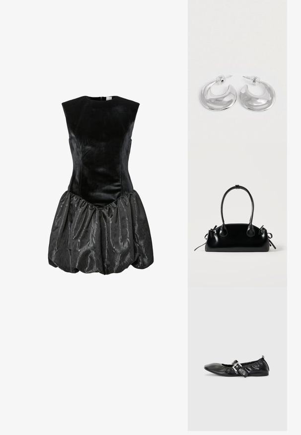 Vestido negro sin mangas con un corsé de terciopelo ajustado y una falda de satén texturizada y fruncida con un aspecto brillante. Cierre de cremallera en la parte posterior.; Zapato plano de piel negra con puntera afilada, detalle fruncido alrededor de la abertura y un acento de hebilla plateada en la correa ajustable.; Pequeño bolso negro brillante con dos asas largas y detalles de cordón lateral sobre un fondo claro liso.; Un par de pendientes de aro en forma de media luna pulidos en plata, con respaldos de plástico transparente, sobre una superficie blanca.
