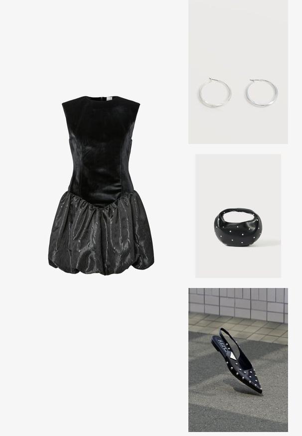 Schwarzes ärmelloses Kleid mit einem taillierten Samtoberteil und einem strukturierten, gerafften Satinrock mit einem glänzenden Erscheinungsbild. Mit Reißverschluss auf der Rückseite.; Schwarzer, spitzer Slingback-Schuh aus glattem Material, mit silbernen Nieten, flacher Sohle und Logo auf der Einlegesohle.; Schwarze Lederhandtasche mit abgerundeter Form, verziert mit silbernen Nietenakzenten und kurzem Griff. Glatte Struktur und Reißverschlussverschluss.; Silberne Metallcreolen mit glatter, leicht gebogener Oberfläche und Klappverschluss vor schlicht weißem Hintergrund.