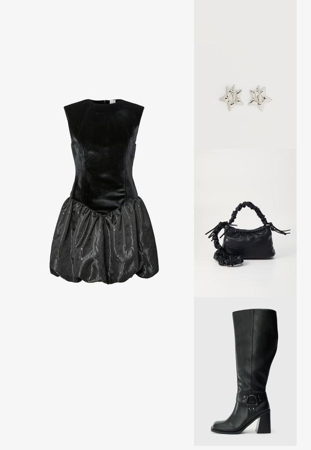 Schwarzes ärmelloses Kleid mit einem taillierten Samtoberteil und einem strukturierten, gerafften Satinrock mit einem glänzenden Erscheinungsbild. Mit Reißverschluss auf der Rückseite.; Knöchelhöhe schwarze Lederstiefel mit quadratischer Spitze, breitem Absatz und einem dekorativen Riemen mit metallischen Akzenten um den Knöchel. Glatte Textur.; Schwarze Handtasche aus Kunstleder mit Krokodilstruktur, gerafftem oberen Teil und einem geschoppten Tragegurt. Sie wirkt weich und kompakt im Design.; Silberne, sternförmige Creolen mit einer glatten, polierten Oberfläche auf weißem, schlichtem Hintergrund.