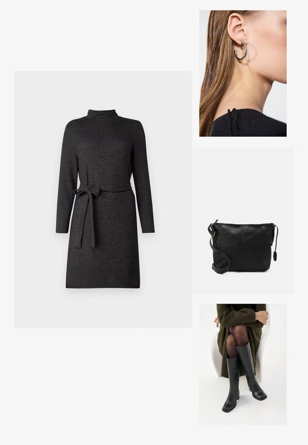 Robe longue gris à manches longues avec un col montant et une ceinture amovible à la taille, faite en tissu doux et texturé.; Bottes en cuir noires arrivant au genou, avec un bout carré et un talon carré, présentées sur un modèle assis dans un manteau vert olive. Texture lisse, détails minimaux.; Sac bandoulière en cuir noir avec une forme plate, accents en métal doré et une sangle ajustable. Texture lisse avec des détails de couture minimaux.; Boucle d'oreille en argent avec une finition polie, présentant de petits détails en or et de forme ronde, portée sur le lobe.