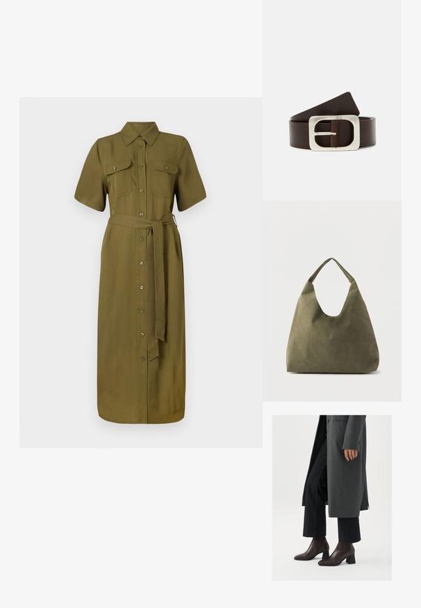 Khaki mekko, lyhyet hihat, nappilista edessä, kaksi rintataskua, vyötäröllä vyö, keskipitkä, sileä kangastuntuma.; Musta korkokengät nilkkurit tummanruskeasta nahasta, joissa on terävä kärki ja paksu korko, yhdistetty mustiin housuihin ja harmaaseen takkiin.; Oliivinvihreä pehmeä nahkainen olkalaukku, jossa on leveä yksittäinen hihna ja rento, muotoilematon muoto vaalealla taustalla.; Ruskea nahkavyö, jossa on hopeinen suorakulmainen solki ja sileä pinta, sekä kapeneva pää säädettävää kokoa varten.