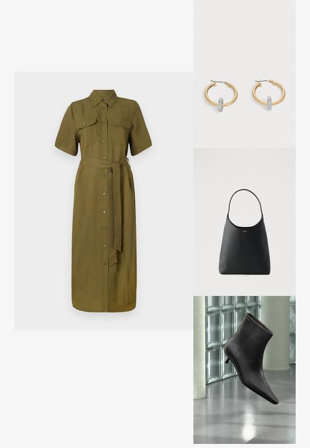 Khaki shirtjurk, korte mouwen, knopen aan de voorkant, twee borstzakken, ceintuurlijn, middellange lengte, gladde stoftextuur.; Zwarte leren enkellaars met puntige neus en lage hak, afgebeeld tegen een glazen blokkenmuur en gepolijste vloer op de achtergrond.; Zwarte leren handtas met een enkele gebogen handgreep, gladde textuur en een subtiel logo aan de voorkant. Minimalistisch ontwerp en ruime binnenkant.; Paar goudkleurige creolen met kleine zilverkleurige lusdetail op elk, weergegeven tegen een lichtgrijze achtergrond.