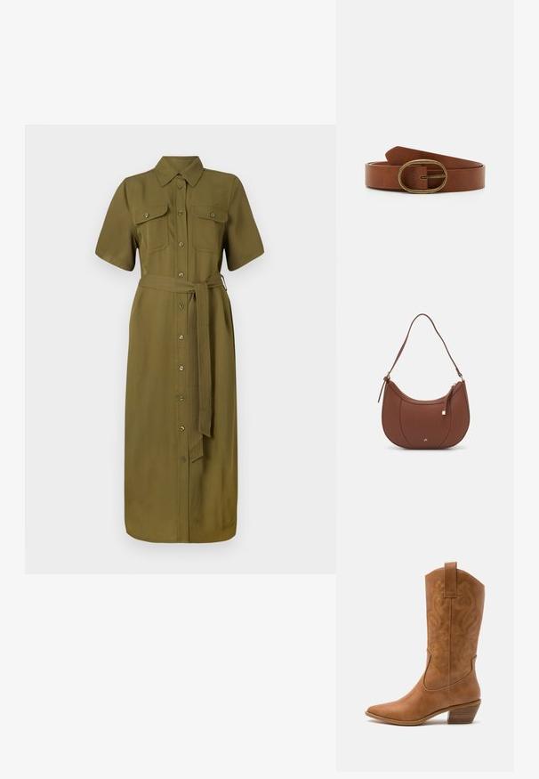 Khaki shirtjurk, korte mouwen, knopen aan de voorkant, twee borstzakken, ceintuurlijn, middellange lengte, gladde stoftextuur.; Tan leren cowboylaars met puntige neus, geborduurde spiraalpatronen op de schacht en een gestapelde blokhak. Voorzien van een trekband voor gemakkelijke aan- en uittrekken.; Bruine faux leren schoudertas met een gebogen vorm, minimale stiksels en een gouden hardware-accent. Voorzien van een bovenste ritsluiting en een verstelbare schouderband.; Bruin leren riem met een ovale bronzen gesp. De riem heeft een gladde textuur en een enkele stikseldetail nabij de gesp voor een designaccent.