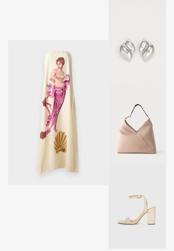 Ärmelloses cremefarbenes Kleid mit einer großen, farbenfrohen Illustration einer klassischen Figur, die von floralen Akzenten in Pink und Braun umrahmt wird, und einem fließenden Design.; Beige High Heel Sandale mit quadratischer Zehenform, dünnem Knöchelriemen und Blockabsatz. Glatte Lederstruktur mit goldener Schnallendetail.; Weiche beige Lederhandtasche mit schräger Vordernaht, kleinem goldenem Markenlogo und schwarzem verstellbarem Riemen mit goldener Schnalle.; Silberne Ohrringe mit einer organischen, abstrakten Form. Glatte, glänzende Oberfläche mit einem konischen Design. Mit dezenten Kurven und einem zentralen Linienelement.