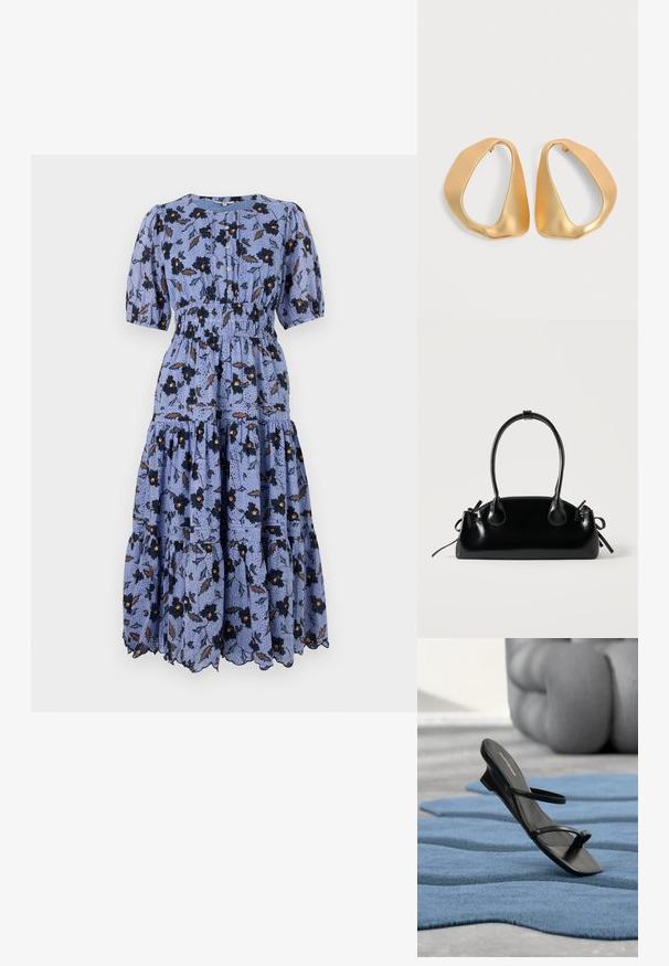 Blaue Blumen-Midikleid mit Puffärmeln, gerafftem Taillenbereich und gestuftem Rock. Mit schwarzen Blumen und braunen Blättern auf einem strukturierten Hintergrund.; Schwarze Riemchensandale mit Zehenring, auf einem blau strukturierten Teppich präsentiert, mit einem großen grauen Dekorationsobjekt unscharf im Hintergrund.; Kleine schwarze glänzende Handtasche mit zwei langen Griffen und seitlichen Kordelzug-Details vor einfachem hellem Hintergrund.; Paar unregelmäßiger, asymmetrischer goldener Creolen mit glatter, matter Oberfläche vor neutralem Hintergrund.