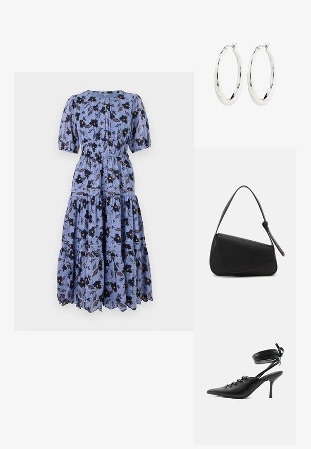 Blaue Blumen-Midikleid mit Puffärmeln, gerafftem Taillenbereich und gestuftem Rock. Mit schwarzen Blumen und braunen Blättern auf einem strukturierten Hintergrund.; Schwarzer spitzer High-Heel-Schuh mit Schnürung vorne und wickelnden Knöchelriemen, die zu einer Schleife gebunden sind, von der Seite auf weißem Hintergrund gezeigt.; Schwarze Lederhandtasche mit dreieckiger Form, schrägem Klappdeckel und rundem Oberhandgriff. Verfügt über eine glatte Textur und minimalistische Designdetails.; Silberne Creolen mit einer glatten, glänzenden Oberfläche. Kreisform, ausgestattet mit einem sicheren Verschluss. Einfaches und elegantes Design.