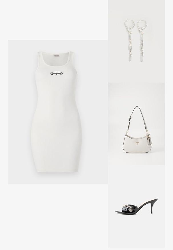 Weißes, geripptes Bodycon-Kleid mit Rundhalsausschnitt und dünnen Trägern, auf der Vorderseite mit einem schwarzen, gestickten "guess.jeans"-Logo.; Schwarzer Lackleder High-Heel Mule mit offenem Zehenbereich und dekorativen silbernen Anhängern, darunter eine Blume und ein Vorhängeschloss am vorderen Riemen.; Weiße strukturierte Handtasche mit einer geschwungenen Form, goldenen Beschlägen, einem abnehmbaren Riemen und einem Logo-Detail. Enthält einen Schlüsselanhänger mit Branding.; Silberne hängende Ohrringe mit rechteckigen und runden klaren Kristallen in einer vertikalen Linie, gesichert durch Leverback-Verschlüsse.