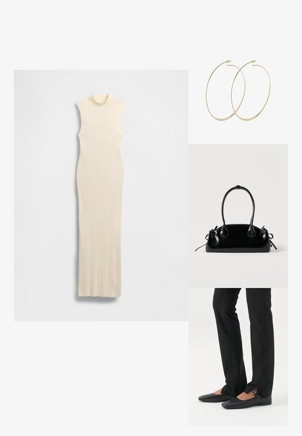 Robe longue sans manches de couleur crème avec un col montant imitation. Texture côtelée, coupe moulante et silhouette longue jusqu'au sol.; Jambes vêtues d’un pantalon slim noir avec des fentes à l’avant de l’ourlet, assorties à des chaussures plates Mary Jane noires avec une petite bride à boucle.; Petit sac à main noir brillant avec deux longues anses et des détails à cordon sur les côtés sur un fond clair uni.; Pilgrim Boucles d'oreilles - gold-coloured