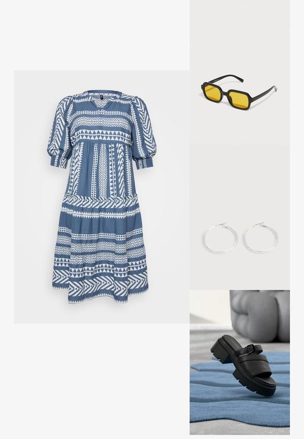 Vestido azul de manga corta con patrones geométricos blancos, con cuello redondo, cintura fruncida y falda acampanada. Tela suave con un acabado texturizado.; Sandalia negra de tacón grueso con correa de hebilla flotando sobre una alfombra azul texturizada, con piernas dobladas y desenfocadas en el fondo.; Gafas de sol negras rectangulares con lentes amarillos. Presentan montura gruesa y un diseño angular con un acabado liso y brillante.; Pareja de pendientes de aro plateados brillantes con cierres de alambre delgado, mostrados sobre un fondo gris claro.