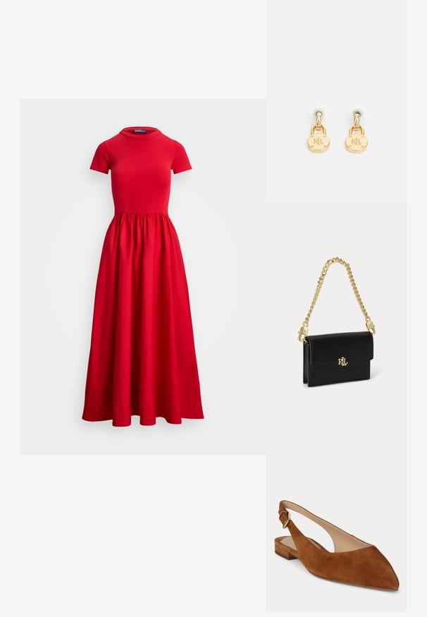 Rode midi-jurk met korte mouwen, getailleerde bustier en geplooide rok. Gemaakt van soepele stof met een ronde halslijn en zonder zichtbare sluitingen.; Bruine suède platte schoen met spitse neus, slingback, kleine hak en verstelbare gouden gespsluiting.; Gouden studoorbellen met een cirkelvormige hanger met "RL" gravure, opgehangen aan een kleine ring en beveiligd met duidelijke rubberen achterkantjes.; Kleine zwarte leren handtas met klepsluiting, gouden RL-logo aan de voorkant en korte afneembare gouden kettingriem.