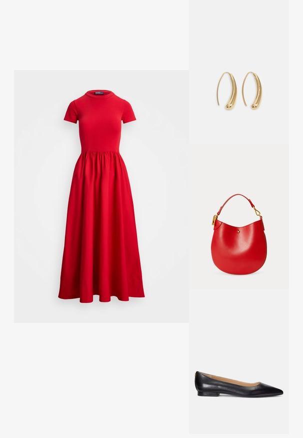 Rotes Midi-Kleid mit kurzen Ärmeln, tailliertem Oberteil und gerafftem Rock. Hergestellt aus glattem Stoff mit rundem Ausschnitt und ohne sichtbare Verschlüsse.; Schwarze Leder-Ballerinas mit spitzem Zeh, niedrigem Absatz und einem goldenen Akzent am Absatz. Glatte Textur mit klassischer Silhouette.; Rote Lederhandtasche mit geschwungener Form, kurzem Griff und goldfarbenen Hardware-Akzenten. Glatte Textur mit einer kleinen, runden Verzierung auf der Vorderseite.; Goldfarbene Metall-Hoops mit einer geschwungenen, länglichen Form. Sie verfügen über eine glatte, glänzende Oberfläche und eine abgerundete Spitze für zusätzliche Details.
