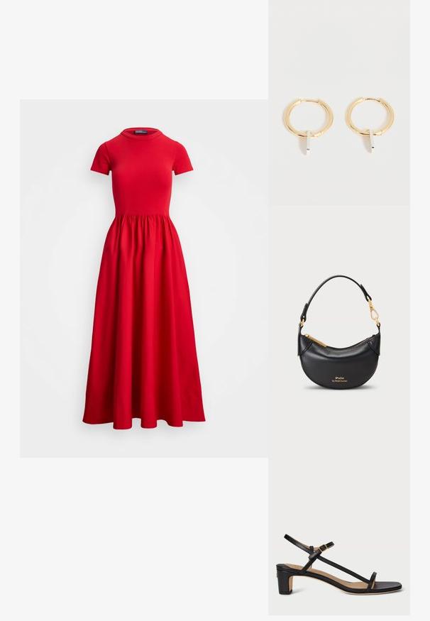 Vestido midi rojo con mangas cortas, corsé ajustado y falda con frunces. Hecho de una tela suave, con escote redondo y sin cierres visibles.; Sandalia de tacón negro de cuero con punta abierta, correas delgadas, hebilla ajustable en el tobillo y tacón cuadrado. Textura suave.; Pendientes de aro dorados con pequeños colgantes rectangulares verticales de plata, mostrados sobre un fondo blanco.; Bolso de mano de cuero negro con una silueta curvada, cremallera de metal y un asa corta. Cuenta con herrajes dorados y un logo grabado en la parte frontal.