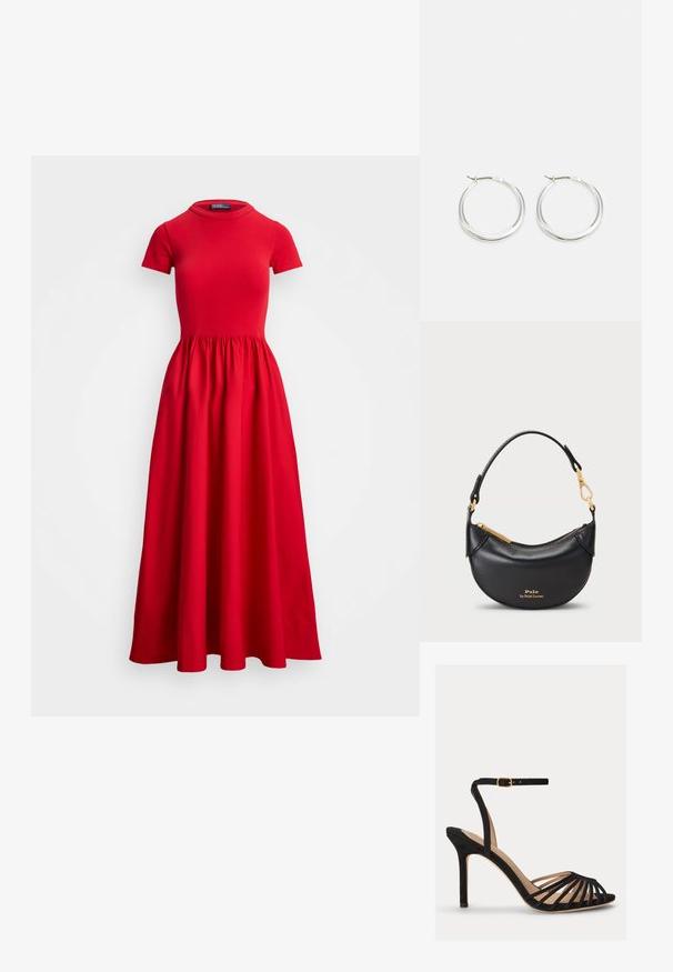 Rode midi-jurk met korte mouwen, getailleerde bustier en geplooide rok. Gemaakt van soepele stof met een ronde halslijn en zonder zichtbare sluitingen.; Zwarte sandaal met hoge hak, open teen, meerdere dunne voorste bandjes en een verstelbaar enkelbandje met een gouden gesp.; Zilveren hoop oorbellen hebben een glad, rond ontwerp met een dun profiel en een veilige sluiting. Minimalistische stijl met een gepolijste afwerking.; Zwarte leren handtas met een ronde silhouet, metalen rits en een korte handgreep. Voorzien van gouden accenten en een geperst logo aan de voorkant.