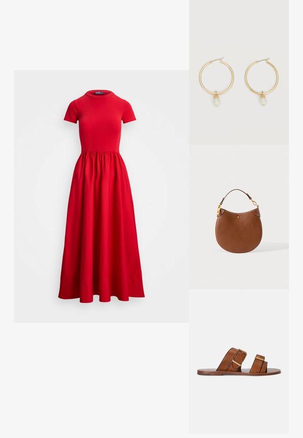 Vestido midi rojo con mangas cortas, corsé ajustado y falda con frunces. Hecho de una tela suave, con escote redondo y sin cierres visibles.; Sandalias planas de cuero marrón con dos correas ajustables, hebillas doradas y suela de madera plana.; Bolso de cuero marrón con fondo redondeado, una asa corta, y detalles en tono dorado en la cremallera y el botón sobre fondo liso.; Pendientes de aro dorados, cada uno con una única perla blanca colgante y un pequeño detalle de pedrería sobre un fondo claro.