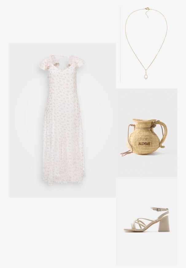 Lille kumaari floral maxi kleit; lühikesed volangvarrukad, V-kaelus ja pehmed roosad roosimustrid valgel taustal.; Bežid kõrged sandaalid, millel on ristuvad rihmad, pahkluu pandla ja ruudukujuline plokk-kand, tagamaks stabiilsuse. Sile nahataoline tekstuur.; Ümmargune kootud õlekõrsst käekott nöörist käepidemega ja "ALEMAIS" tikitud pruunil niidil küljel.; Kuldne ketigael koos väikese ovaalse valge pärli ripatsiga, millel on õrn kinniti ja reguleeritav pikkus sobivuse jaoks.