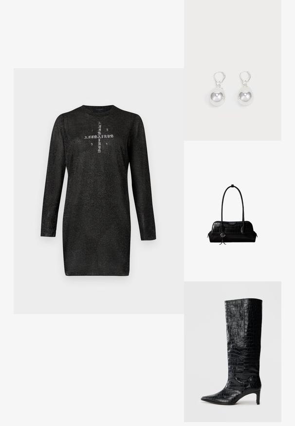 Robe noire manches longues scintillante avec col rond et motif croix imprimé avec les inscriptions "AllSaints" et "1994" sur la poitrine.; Bottes noires montantes, avec une texture brillante à motif crocodile, bout pointu et talon effilé. Matériau synthétique lisse.; Sac à épaule en cuir noir à texture crocodile, avec de longues sangles et un petit charm logo argenté sur une sangle.; Boucles d'oreilles en argent en forme de goutte avec des surfaces lisses, rondes et réfléchissantes, suspendues à des fermoirs à ressort. L'arrière-plan est blanc uni.