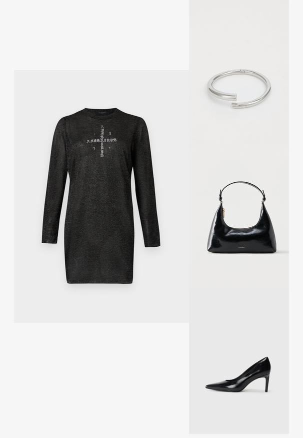 Robe noire manches longues scintillante avec col rond et motif croix imprimé avec les inscriptions "AllSaints" et "1994" sur la poitrine.; Chaussure à talon haut en cuir noir avec un bout pointu, texture lisse et un talon effilé. Design minimaliste, sans embellissements supplémentaires.; Sac à main Calvin Klein noir brillant avec fermeture éclair dorée et anse courte sur fond blanc uni.; Calvin Klein SPIRAL - Bracelet - silver-coloured