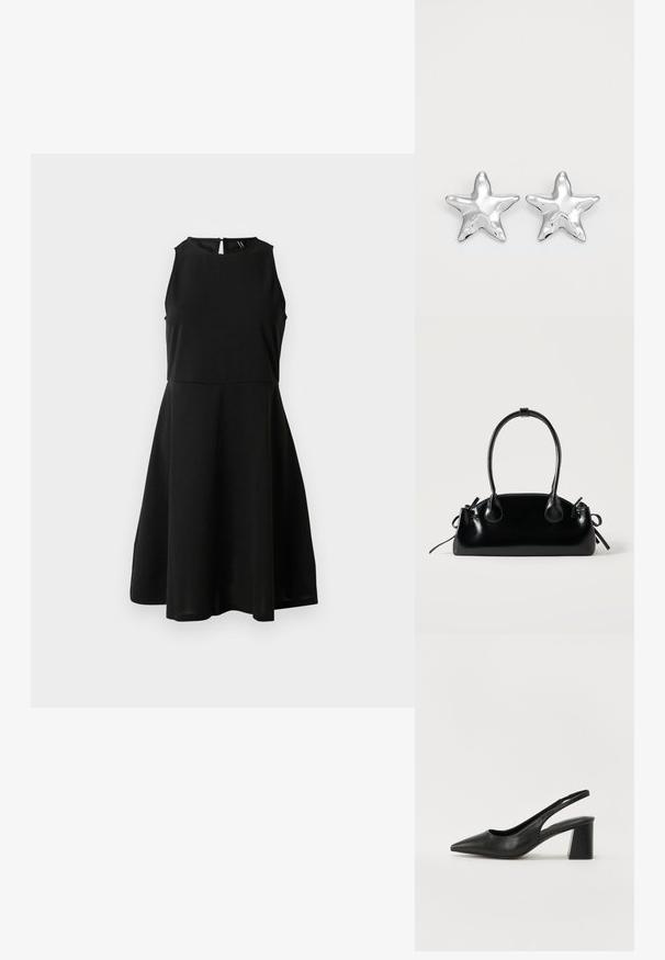 Vestido negro sin mangas con cuerpo ajustado y falda acampanada, escote alto y cierre posterior con botones, exhibido sobre un fondo blanco liso.; Tacones de slingback de cuero negro con punta afilada y tacón cuadrado. Presentan un diseño recortado y una textura suave, minimalista y moderna.; Pequeño bolso negro brillante con dos asas largas y detalles de cordón lateral sobre un fondo claro liso.; Pendientes en forma de estrella plateada con una superficie pulida y brillante. Cada pendiente presenta cinco puntas y sutiles detalles de textura en la superficie.