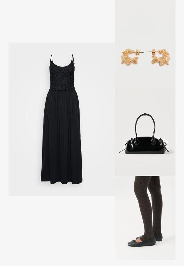 Vestido maxi negro con un corsé de encaje, tirantes finos y una falda fruncida. La tela es suave, con un diseño fluido y de longitud completa.; Piernas con leggings oscuros acanalados combinados con bailarinas negras que presentan pequeños detalles de lazo sobre un fondo blanco.; Pequeño bolso negro brillante con dos asas largas y detalles de cordón lateral sobre un fondo claro liso.; Pendientes de tono dorado con una forma abstracta y orgánica, que presentan una superficie texturizada y un cierre de poste trasero.