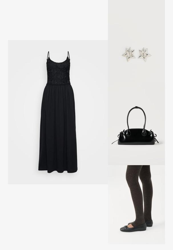 Zwarte maxi-jurk met een kanten lijfje, spaghettibandjes en een geplooide rok. De stof is glad met een vloeiende uitstraling en heeft een volledige lengte.; Benen met donkere geribbelde leggings gecombineerd met zwarte ballerina's met kleine strikdetails op een witte achtergrond.; Kleine zwarte glanzende handtas met twee lange hengsels en zijkant trekkoord details op een effen lichte achtergrond.; Zilverkleurige stervormige oorringen met een gladde, gepolijste afwerking op een effen witte achtergrond.