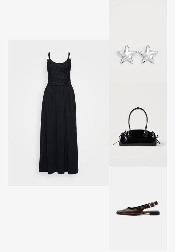Schwarzes Maxi-Kleid mit einem Spitzenoberteil, Spaghettiträgern und einem gerafften Rock. Der Stoff ist glatt mit einem fließenden Design und in voller Länge.; Dunkelbrauner Lederslingback-Flachschuh mit quadratischer Spitze, Krokodillederstruktur und silberner Schnalle am Riemen.; Kleine schwarze glänzende Handtasche mit zwei langen Griffen und seitlichen Kordelzug-Details vor einfachem hellem Hintergrund.; Silberne sternförmige Ohrringe mit einer polierten, glänzenden Oberfläche. Jeder Ohrring hat fünf Spitzen und dezente Oberflächentexturdetails.