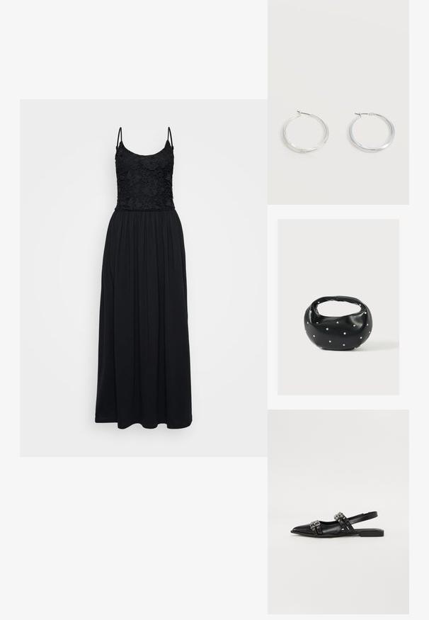 Zwarte maxi-jurk met een kanten lijfje, spaghettibandjes en een geplooide rok. De stof is glad met een vloeiende uitstraling en heeft een volledige lengte.; Even&Odd Slingback ballerina´s - black; Zwarte leren handtas met een afgeronde vorm, versierd met zilveren studs, en een korte handgreep. Gladde textuur en ritsluiting.; Zilverkleurige metalen creolen oorbellen met een glad, licht gebogen oppervlak en sluitingen met haaksluiting op een effen witte achtergrond.