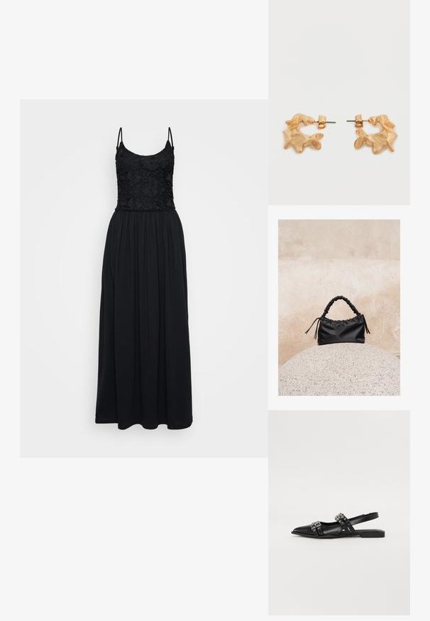 Schwarzes Maxi-Kleid mit einem Spitzenoberteil, Spaghettiträgern und einem gerafften Rock. Der Stoff ist glatt mit einem fließenden Design und in voller Länge.; Even&Odd by Zalando Sling-Ballerina - black; Schwarze geraffte Handtasche mit einem gesammelten Griff, die auf einer strukturierten Steinkugel vor einem beigen Betonwand-Hintergrund liegt.; Ohrstecker in Goldoptik mit abstrakter, organischer Form, die eine strukturierte Oberfläche und einen Steckverschluss aufweisen.