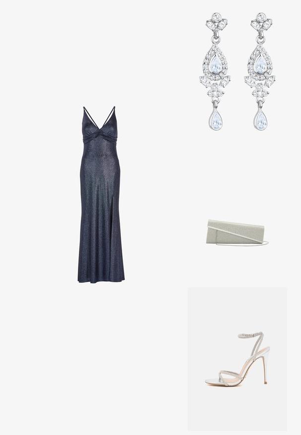 Lang, marineblå, ærmeløs kjole med en skinnende finish. Har en samlet bust og en sideslids for nem bevægelse. Metallisk accent i stoffet.; Sølv højhælede sandal med tynde stropper, prydet med rhinsten, og med et elegant design og spids tå.; Lille sølv rektangulær clutch taske med diagonalt klapdetalje og tynd skulderrem, dækket af små glitrende rhinsten.; Elli ANTIQUE DROP - Øreringe - weiß