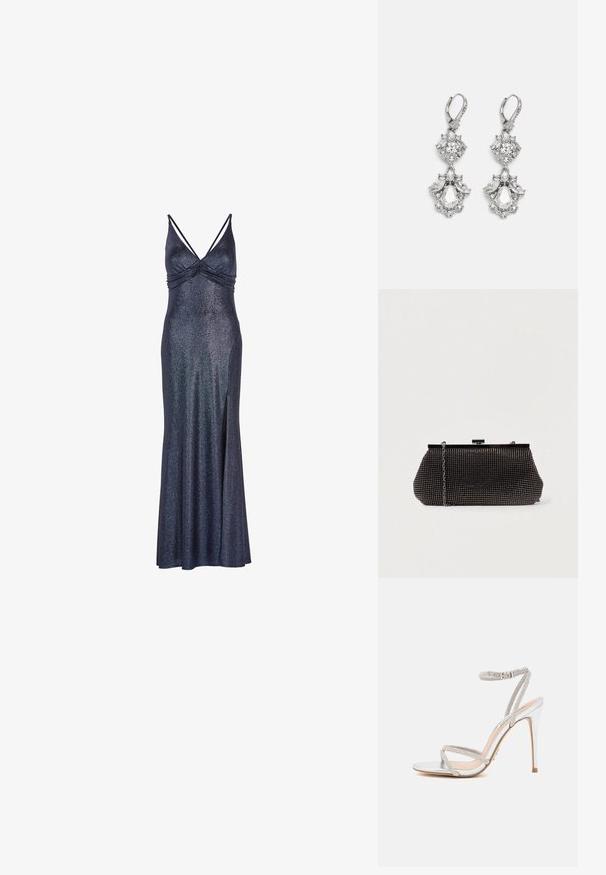Vestido largo sin mangas de color azul marino con un acabado brillante. Presenta un escote fruncido y una abertura lateral para mayor libertad de movimiento. Acento metálico en la tela.; Sándal de tacón alto plateado con tiras finas, adornado con strass, con un diseño elegante y una punta afilada.; Bolso de mano negro de malla con una silueta estructurada, adornado con pequeños tachuelas metálicas, que cuenta con un cierre de broche y una correa de cadena desmontable.; Pendientes de tono plateado que presentan múltiples piedras de cristal transparente en formas de lágrima y marquesa, con cierres de palanca y un detallado intrincado.