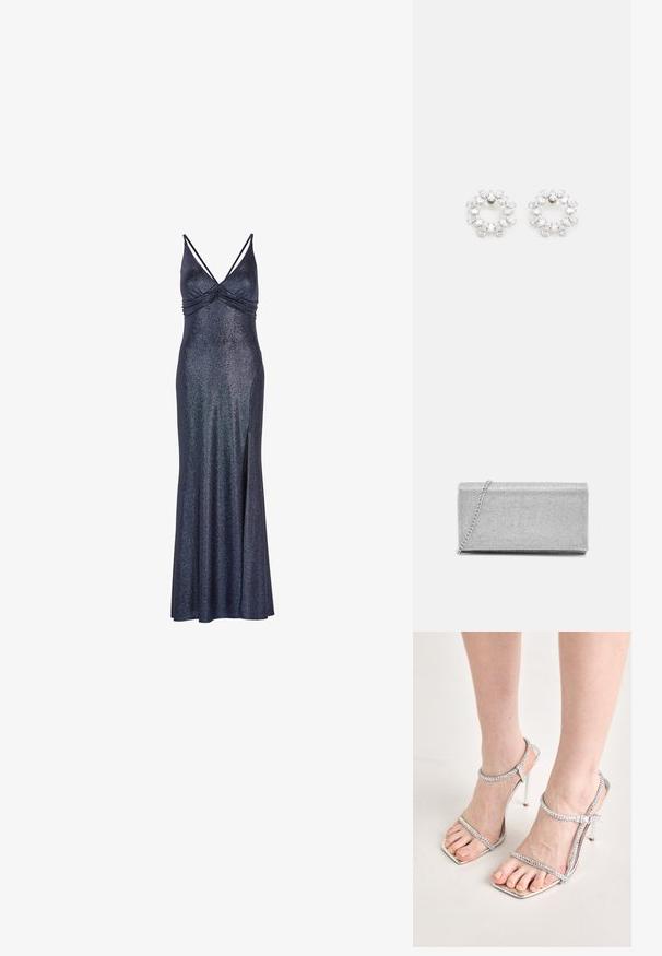 Vestido largo sin mangas de color azul marino con un acabado brillante. Presenta un escote fruncido y una abertura lateral para mayor libertad de movimiento. Acento metálico en la tela.; Pies que llevan sandalias de tacón alto plateadas con correas finas y puntas cuadradas, de pie sobre una superficie de color claro.; Bolso de mano metálico plateado con diseño de malla trenzada, forma rectangular y una cadena para llevar. Textura suave y acabado pulido.; Pendientes circulares de metal, con múltiples piedras transparentes y facetadas dispuestas en un patrón brillante. Incoloras y reflectantes.