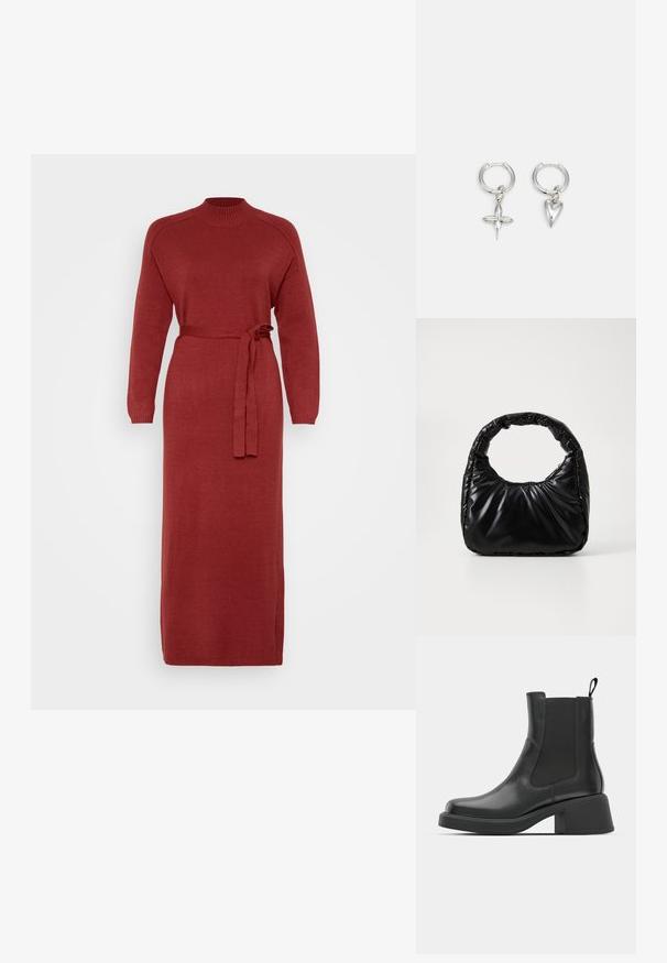 Robe en tricot rouge à manches longues avec un col haut et une taille ceinturée. Présente une coupe droite et des poignets côtelés, fabriquée en tissu doux.; Bottines en cuir noir avec des panneaux élastiques sur les côtés, un bout rond et un talon épais. Texture lisse avec un design minimaliste.; Sac à main noir rembourré avec une poignée arrondie, présentant une surface lisse et brillante ainsi qu'une texture douce et matelassée. Pas de quincaillerie ou d'accents visibles.; Boucles d'oreilles en argent en forme de cerceau avec un charme croix et cœur. Texture lisse et brillante avec une finition polie. Chaque charmepend d'une boucle sécurisée.