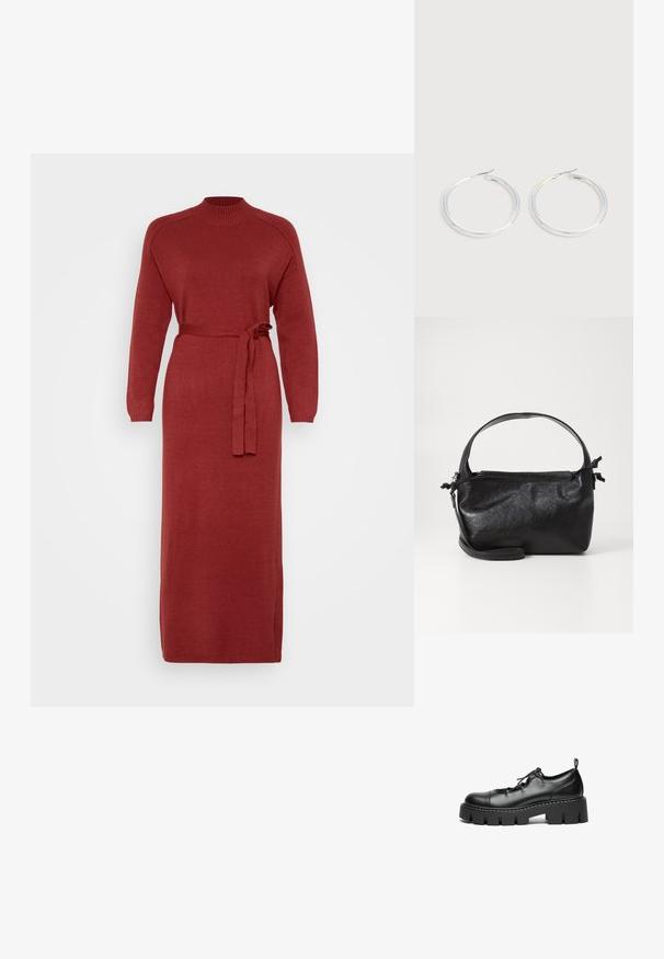 Robe en tricot rouge à manches longues avec un col haut et une taille ceinturée. Présente une coupe droite et des poignets côtelés, fabriquée en tissu doux.; Chaussures en cuir noir à lacets avec un bout rond, semelle plateforme épaisse et couture décorative le long du bord.; Sac à main en cuir noir au design structuré, avec une poignée arrondie et une bandoulière amovible. Présente une texture lisse et un éclat subtil.; Paire de boucles d'oreilles créoles argentées brillantes avec fermoirs en fil fin, présentée sur un fond gris clair.