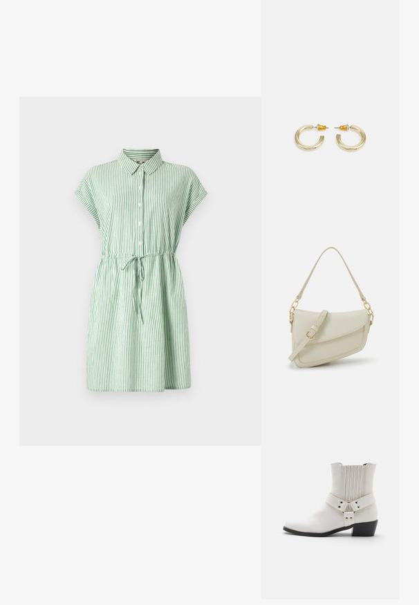 Vestido de botón a rayas verdes y blancas con cuello, mangas cortas, cintura con cordón y falda acampanada. Hecho de tela ligera.; Botín de cuero blanco hasta el tobillo con punta ligeramente afilada, detalle fruncido en la parte posterior y una amplia correa con herraje de hebilla alrededor del tobillo.; Pequeño bolso de mano crema con un acabado texturizado, una correa larga y ajustable, un acento de cadena y cierre de solapa. Detalles en hardware dorado.; Pendientes de aro en tono dorado con una forma suave y redondeada y un acabado pulido. Presentan acentos naranjas en la parte trasera para un ajuste seguro.