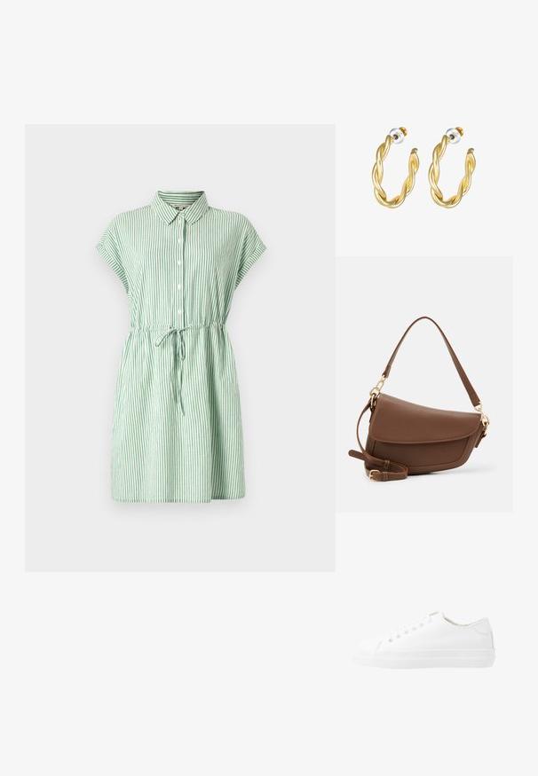 Vestido de botón a rayas verdes y blancas con cuello, mangas cortas, cintura con cordón y falda acampanada. Hecho de tela ligera.; Zapatillas de lona blancas con un diseño de corte bajo, puntera redonda, seis ojetes y suela de goma texturizada. Material suave con acentos mínimos.; Bolso de hombro de cuero marrón con acabado texturizado, forma curvada, herrajes en tono dorado, correa ajustable y cierre de solapa.; Pendientes de aro retorcidos en oro con una superficie lisa, que cuentan con un respaldo transparente y herrajes en tono dorado.