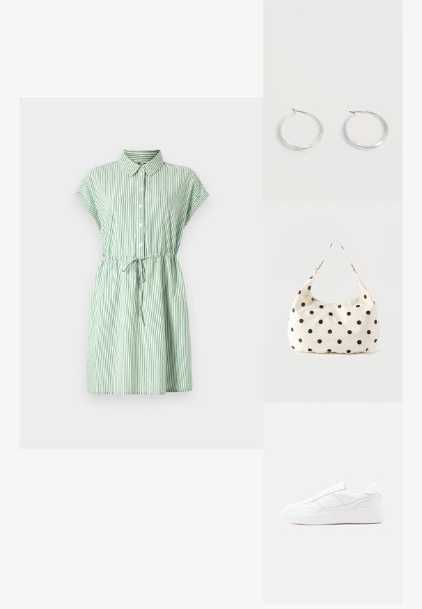 Vestido de botón a rayas verdes y blancas con cuello, mangas cortas, cintura con cordón y falda acampanada. Hecho de tela ligera.; Zapatilla blanca de corte bajo con suela gruesa, diseño con cordones y detalles de costura sutiles sobre un fondo claro y uniforme.; Bolso de tela color crema con lunares negros y una sola correa para el hombro, presentado sobre un fondo blanco liso.; Pendientes de aro de metal plateado con superficie lisa y ligeramente curvada y cierre de tipo mosquetón sobre un fondo blanco liso.