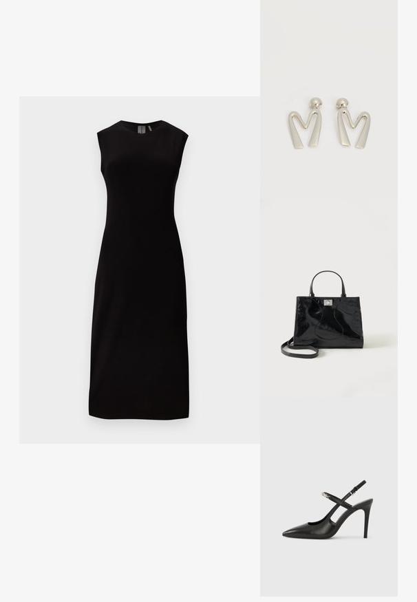 Vestido midi preto sem mangas com silhueta ajustada, decote redondo e barra reta contra um fundo cinza claro.; Sapatos de salto alto em pele preta com tira traseira, bico fino, design recortado e alça ajustável com ferragens metálicas.; Mala de mão em pele envernizada preta com alças arredondadas, alça de ombro destacável e fecho prateado sobre fundo branco liso.; Par de brincos em metal prateado em forma de letra M angular, com hastes arredondadas, sobre um fundo branco.