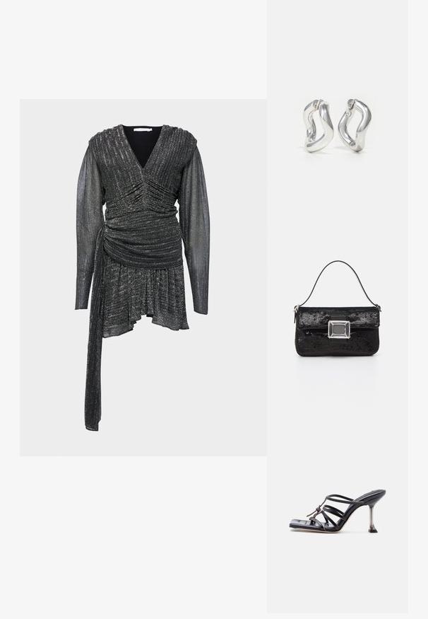 Robe noire étincelante avec un décolleté en V, des détails froncés, de longues manches transparentes et un ourlet asymétrique. Tissu texturé avec éclat.; Sandale à talon haut noire avec brides fines, bout carré et talon stiletto mince, présentant des brides qui se croisent et un nœud décoratif sur le dessus.; Sac à main noir à paillettes avec un fermoir en acrylique rectangulaire et une seule poignée. Il présente une texture lisse et une forme rectangulaire compacte.; Boucles d'oreilles créoles argentées avec un design torsadé. Bords arrondis et finition brillante. Fermoirs ouverts pour un port facile. Texture lisse sur toute la surface.
