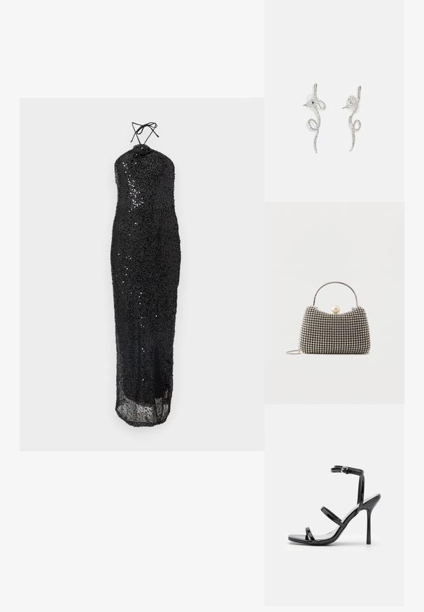 Μαύρο φόρεμα με παγιέτες και σχέδιο halter neck, με εφαρμοστό μπούστο και σκίσιμο στο μηρό, λεία υφή και γυαλιστερό φινίρισμα.; Μαύρες πατεντέ δερμάτινες σανδάλια με ψηλό τακούνι, τρία οριζόντια λουριά και ρυθμιζόμενο λουρί στον αστράγαλο. Κομψό σιλουέτα και γυαλιστερό φινίρισμα.; Μικρό τσαντάκι χειρός με ασημένιο σχέδιο πλέγματος, κυρτή λαβή, μεγάλο κλείσιμο με μαργαριτάρι και λεπτό ασημένιο λουράκι αλυσίδα σε απλό φόντο.; Σχέδιο σκουλαρικιού σε ασημένιο χρώμα με στριφτές γραμμές, που διαθέτει μικρούς διαφανείς κρύσταλλους κατά μήκος της επιφάνειας. Στήριξη με καρφί για ασφαλή χρήση.