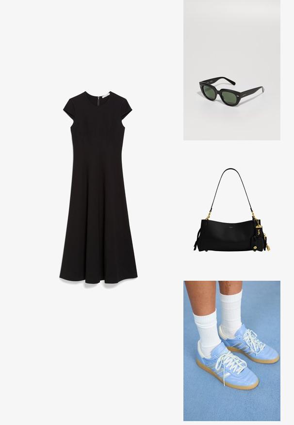 Schwarzes, knielanges Kleid mit kurzen Kap-S ä rmel, rundem Ausschnitt und tailliertem Oberteil, das zum Saum hin ausgestellt ist. Reißverschluss auf der Rückseite.; Helle blaue Leder-Sneaker mit weißen Akzenten, flachen Schnürsenkeln und einer Gummisohle, kombiniert mit weißen, gerippten Crew-Socken auf einer blauen Fläche.; Schwarze Cat-Eye-Sonnenbrille mit grünen Gläsern, die silberne Akzente am Rahmen und eine glatte Kunststofftextur aufweist. Der Markenname ist am Bügel sichtbar.; Schwarze Leder-Umhängetasche von Coach mit goldfarbenen Beschlägen, einem Riemen, kleinem Logodetail und angebrachtem Markenanhänger und Charm an der Seite.