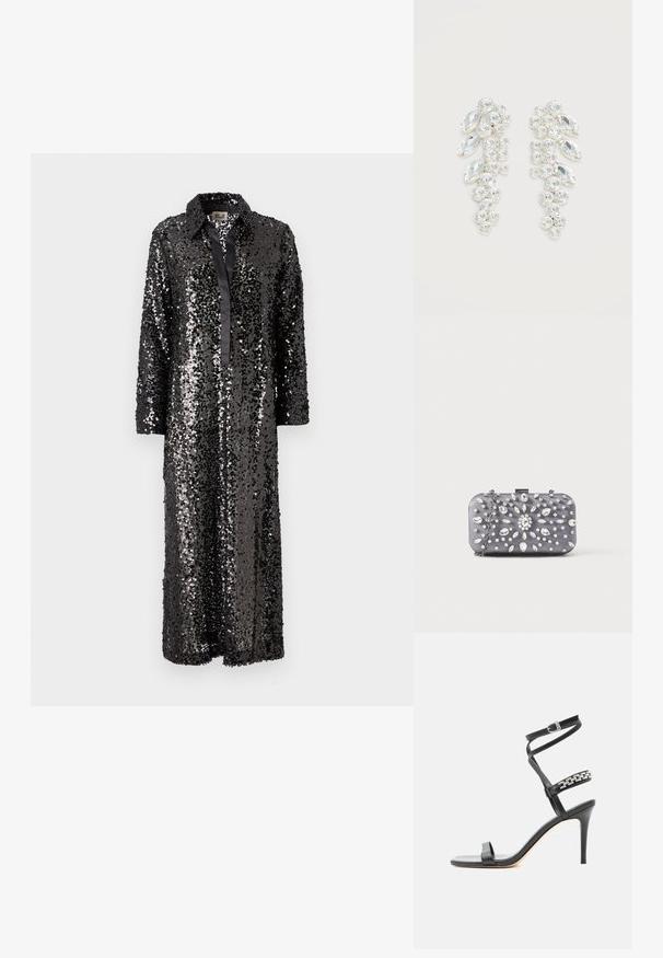 Robe longue noire ornée de sequins avec un col et une fermeture à boutons sur le devant, dotée de manches longues et d'une finition en satin lisse.; Sandale noire à talon haut avec fine bride à la cheville, bride médiane décorée de maillons de chaîne argentés, et design à bout ouvert.; Petit sac pochette rectangulaire gris foncé orné de strass clairs disposés en motif rayonnant, avec une bandoulière chaîne argentée.; Paire de boucles d’oreilles ton argent avec cristaux clairs taillés en grappes, en formes rondes et marquise sur fond blanc.