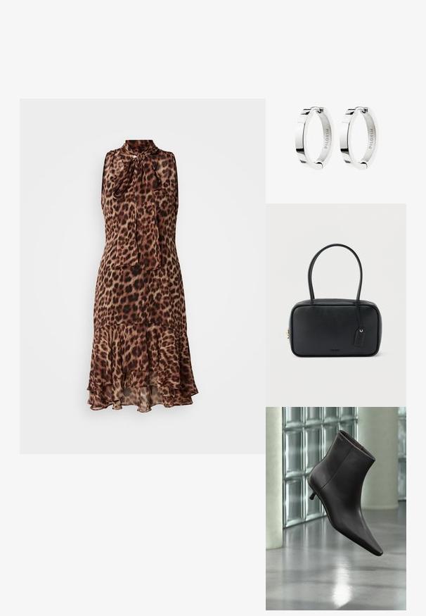 Kleid mit Leopardenmuster, hohem Kragen, Schleifendetail, ärmellosem Design und Rüschensaum. Hergestellt aus leichtem, fließendem Stoff.; Schwarzer Leder-Knöchelstiefel mit spitzer Spitze und kleinem Absatz vor einer Wand aus Glasbausteinen und einem polierten Boden.; Schwarze rechteckige Handtasche mit doppelten, abgerundeten Griffen, goldfarbenem Reißverschluss und geprägtem „HUGO“-Logo auf der Vorderseite sowie angebrachtem Lederanhänger.; Ein Paar polierte silberne Creolen mit Scharnierverschluss, innen mit dem Markennamen „PILGRIM“ graviert.