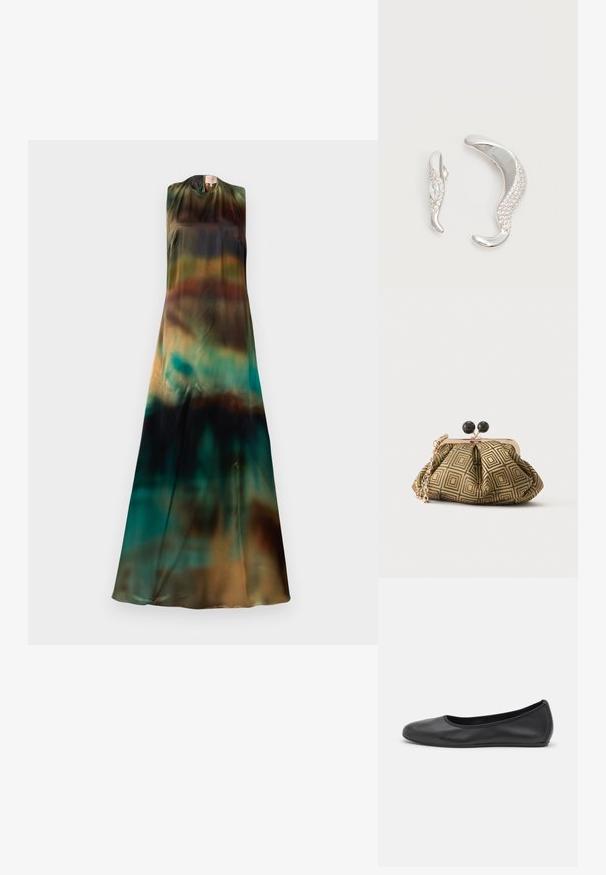 Robe sans manches en tissu fluide et léger. Présente un dégradé de tons terreux, passant du vert profond au marron et au bleu canard.; Ballerines en cuir noir avec un bout rond, texture lisse, détails de couture minimalistes et design de semelle flexible.; Petite pochette avec motif géométrique doré et noir, cadre en métal doré, fermeture à boule noire et une courte chaîne dorée.; Deux boucles d'oreilles argentées courbées, l'une plus grande que l'autre, toutes deux ornées de petits cristaux scintillants le long d'un bord.