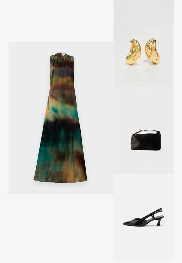 Robe sans manches en tissu fluide et léger. Présente un dégradé de tons terreux, passant du vert profond au marron et au bleu canard.; Chaussure slingback en cuir verni noir à petit talon, bout pointu et bride réglable avec boucle dorée sur fond blanc.; Pochette en satin noir avec une forme arrondie, une anse supérieure et un fermoir en doré. Texture lisse avec un design minimaliste.; Boucles d'oreilles en or en forme de d'anneaux lisses et courbés avec une finition polie. Équipées d'un mécanisme de fermeture et de légères indentations pour le détail.