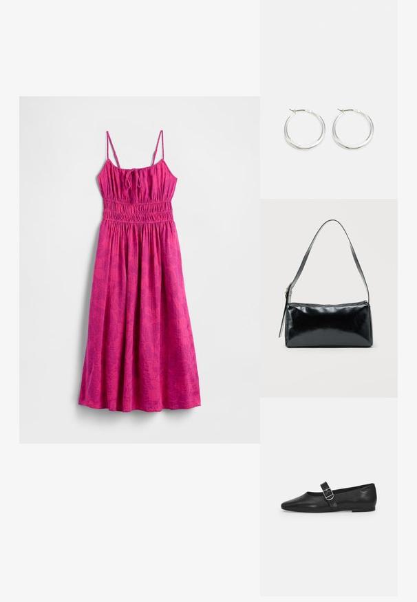 Roze strandjurk met spaghettibandjes, een geplooid lijfje en een zwierige rok. Heeft een subtiel bladpatroon voor extra textuur.; Zwarte leren platte schoen met een ronde neus, een enkele verstelbare gespsluiting en een gladde, glanzende textuur. Minimalistisch ontwerp met een lage hak.; Zwarte rechthoekige schoudertas met een enkele verstelbare band en een bovenste ritssluiting op een effen achtergrond.; Zilveren hoop oorbellen hebben een glad, rond ontwerp met een dun profiel en een veilige sluiting. Minimalistische stijl met een gepolijste afwerking.