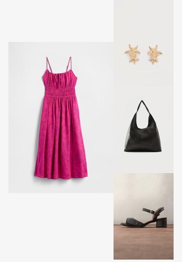Roze strandjurk met spaghettibandjes, een geplooid lijfje en een zwierige rok. Heeft een subtiel bladpatroon voor extra textuur.; Linkerbeen met prothese en gebruinde voet die zwarte sandaal draagt, rechter natuurlijk been met blote voet in zwarte sandaal met hak op beige vloer.; Zwarte schoudertas van glad leer met een brede, enkele band en een nonchalant, minimalistisch ontwerp tegen een effen achtergrond.; Goudkleurige oorbellen met twee getextureerde zeestervormen, een grotere en een kleinere, op elke oorbel tegen een witte achtergrond.