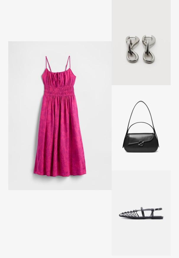 Roze strandjurk met spaghettibandjes, een geplooid lijfje en een zwierige rok. Heeft een subtiel bladpatroon voor extra textuur.; Zwarte platte sandaal met meerdere dunne bandjes, een enkelfiguur met gesp en een open-toe kooi-ontwerp op een witte achtergrond.; Zwarte leren schoudertas met een gebogen klep die is bevestigd met een ronde metalen sluiting en een smalle, verstelbare band.; Set zilverkleurige metalen oorbellen met een abstract ontwerp van in elkaar grijpende lussen op een witte achtergrond.