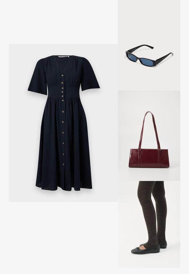 Robe midi noire avec manches courtes évasées, taille cintrée, décolleté en V et fermeture boutonnée à l'avant avec de petits boutons ronds.; Jambes portant des leggings côtelés foncés associés à des ballerines noires avec de petits détails en nœud sur fond blanc.; Lunettes de soleil noires avec une monture rectangulaire élégante et des verres bleus. Présente une texture lisse et des branches robustes. Logo de la marque sur le côté.; Sac à main bordeaux en matériau brillant, de forme rectangulaire, avec deux anses et des accents légèrement courbés à l'avant.